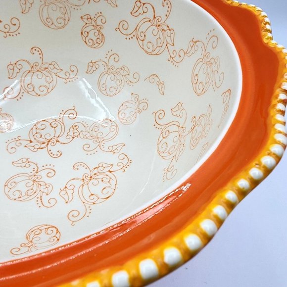 Tara Temptations Pumpkin Floral Lace Serving Bowl w Lid Ovenware Orange 3 quart - Picture 6 of 15